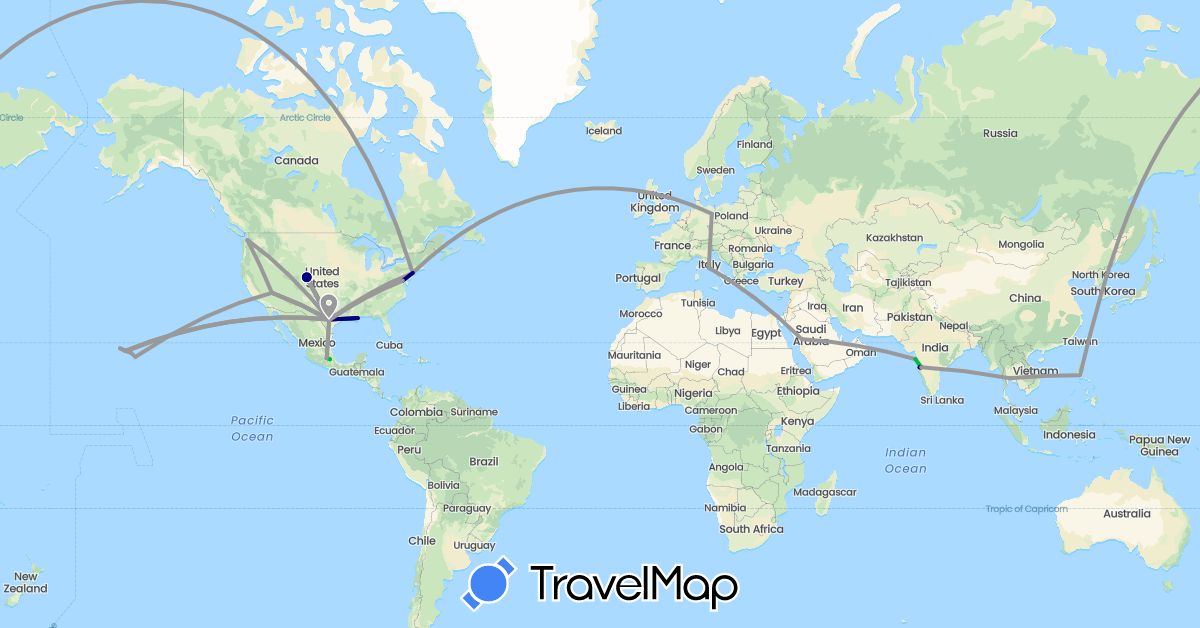 TravelMap itinerary: driving, bus, plane in Germany, India, Italy, Mexico, Philippines, Saudi Arabia, Thailand, United States (Asia, Europe, North America)